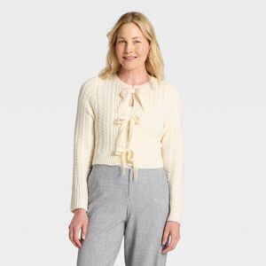 Women's Long Sleeve Bow Cardigan Sweater - A New Day Cream M